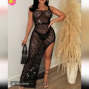 Hollow Out disc decor slit crochet cover up dress - black - xl